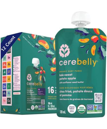 Cerebelly Organic Kale Sweet Potato Apple with Sunflower Seedbutter Baby Food Veggie Puree 12-Pack Carton