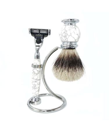Lefeda just shaving brushes for men pure roof hair brush set for men razor holder natural 3-layer white stone handles silver stand 16x11cm White