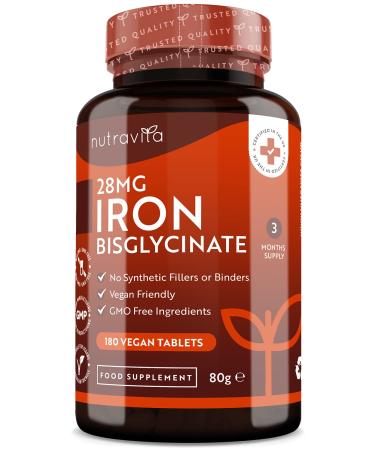 Iron Tablets 28mg 180 Vegan Tablets (3 Month Supply of Iron Supplements) Contributes to The Reduction of Tiredness and Fatigue Suitable for Men and Women Made in The UK by Nutravita