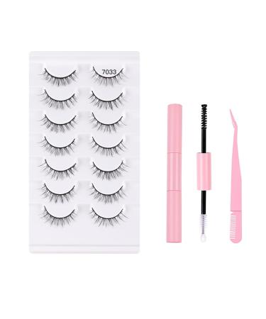 FAIRYGATE Russian Lashes False Lashes with Glue Natural Look 7 Pairs Faux Mink Fluffy Wispy Short Volume Soft Thick Strip Lashes with Lash Glue and Pink Tweezers B5318
