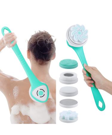 Electric Shower Body Brush  5 in 1 Back Brush Long Handle for Shower Brush  Used for Body Cleaning Exfoliating Massage  Body Scrubber with 5 Rotating Brush Heads(Green  USB Charging)