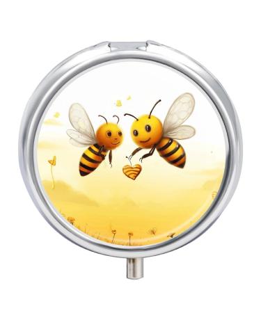 Round Pill Box Bee Love Honey Print 3 Compartment Medicine Pill Case Print Pill Organizer Decorative Metal Portable Pill Box Pocket Pill Box