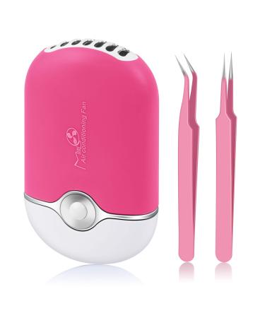Eyelash Fan Dyer with 2 Pcs Lash Tweezers USB Mini Portable Fan Rechargeable Air Conditioning Blower with Straight and Curved Tip Tweezers for Eyelash Extension Girls Women(Rose Red)