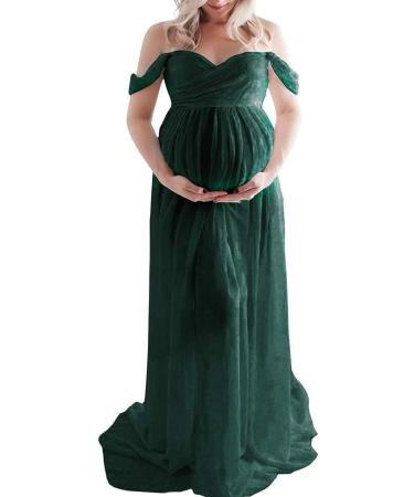 FEOYA Maxi Maternity Dress Chiffon Lace Strapless Gown Split Front for Pregnant Women Photography Full Length Green S
