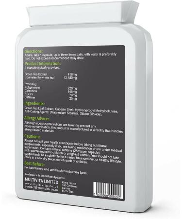 Multivita Green Tea Capsules - 90 x 480mg High Strength Extract - Powerful Antioxidant Supplement - Vegan Friendly - Buy Online on GoSupps.com