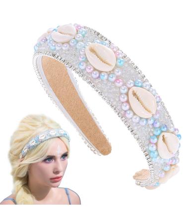 Flayem Pearls Shell Headband Rhinestone Padded Wide Hair Band Mermaid Beach Hair Hoop for Women and Girls Holiday Party (Blue Pearls)