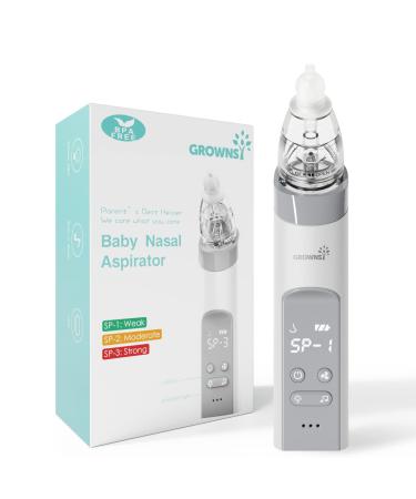 GROWNSY Nasal Aspirator for Baby, Electric Nose Aspirator for Toddler, Baby Nose Sucker, Automatic Nose Cleaner with 3 Silicone Tips, Adjustable Suction Level, Music and Light Soothing Function Grey