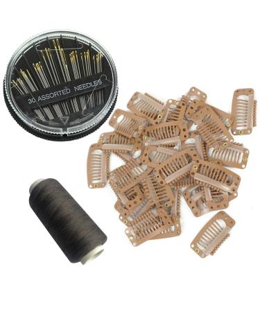 20pcs Hair Extension Clips DIY Wig Combs of 9-Teeth 32mm 1.2g/Pc Metal Snap Hair Clips 1pc Weaving Thread 1set/30pcs Needle Brown