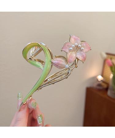 Gold Metal Lily Flower Hair Clip - Pink Floral Barrette for Strong Hold - Cute Fashion Hair Accessory for Thick & Thin Hair - Buy Online on GoSupps.com