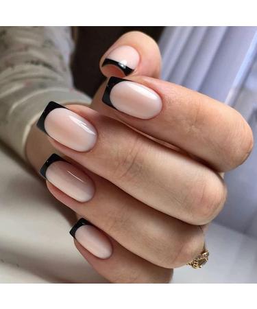 Square False Nails Short 24Pcs Black French Fake Nails | Acrylic French Nail Tips with Jelly Glue | Squoval Stick on Nails for Women and Girls - Buy Online on GoSupps.com