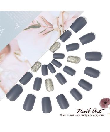 Vatocu Square Matt Artificial Nails - Gray Glitter Short French Stick-On Nails for Women & Girls - 24 Pieces - Buy Online on GoSupps.com