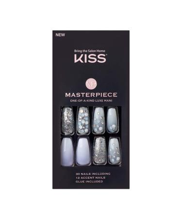 KISS Masterpiece One-Of-A-Kind Luxe Mani  Long Length  Premium Acrylic Fake Nails  Style  No.1   with Pink Gel Nail Glue  Manicure Stick  Mini File  & 30 False Nails Including 12 Accent Nails