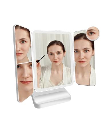 LISSAHNE 360 Foldable Makeup Mirror  Trifold 3 Way Compact Desk Vanity Touch Control 2X 3X 10X Magnifying  USB Rechargeable with LED Light Strip  Portable Lighted Travel Office Cubicle White