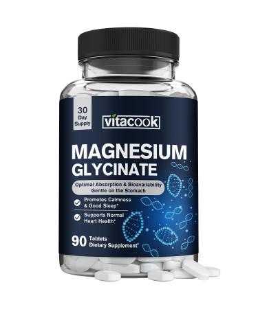 Vitacook Magnesium Glycinate 300 mg Natural Calmness Healthy Mood & Heart Support Non Buffered Non-GMO High Potency and Ultra-Absorbable 90 Tablets
