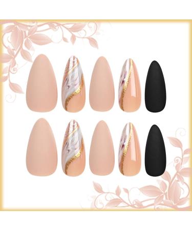 24 PCS Marble Press on Nails - Glossy Brown Glitter & Gold River Design | Sparkly Acrylic Medium Almond Fake Nails for Women & Girls - Buy Online on GoSupps.com