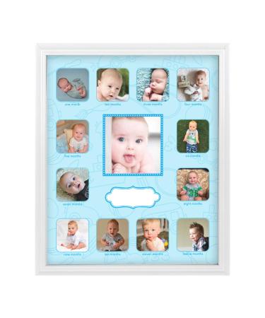 First Year Collage Frame, Baby's First Year 12 Month Picture Frames, Baby Keepsake Photo Frame for Newborn Boy Babies Registry Milestone Moments, Gift for Mom to Be or Expecting Parents, Blue