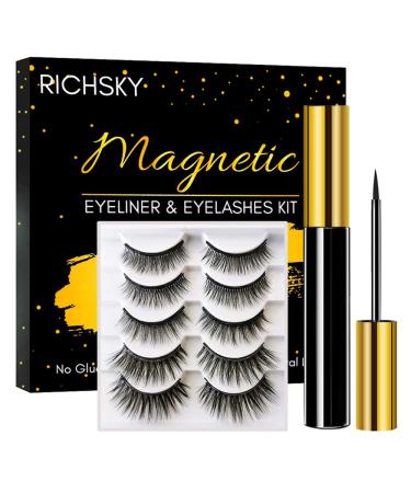Richsky Magnetic Eyelashes  3D Reusable Natural Magnetic Eyelashes Waterproof Set with 10ml Upgraded Hypoallergenic Magnetic Eyeliner Kit Easy to Apply-No Glue(5 Pairs) 5Pairs