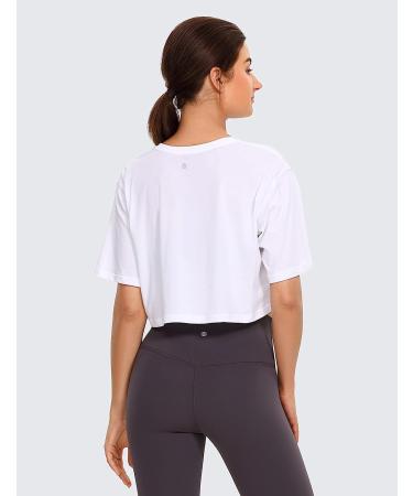 CRZ YOGA Women's Pima Cotton Crop Top Short Sleeve Workout Shirt - White, Medium - Buy Online on GoSupps.com