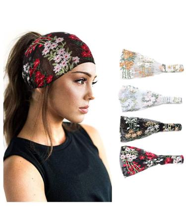Urieo Lace Headbands Champagne Flower Embroidery Hairbands Floral Wide Headband Workout Vacation Stretchy Fashion Bandeau Hair Accessories for Women Set of 4
