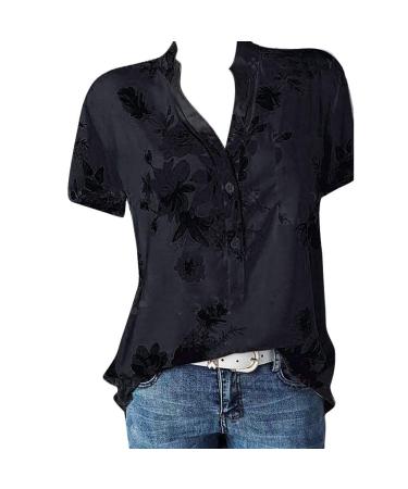 Short Sleeve Blouses for Women Dressy Floral Business Casual Summer Tops Loose Fit Plus Size Tunics V-Neck Henley Shirts B-black Small