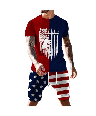Mens Sport Set Summer Outfit 2 Piece Set Short Sleeve T Shirts and Shorts Casual Stylish Sweatsuit Set Patriotic Style-red XX-Large