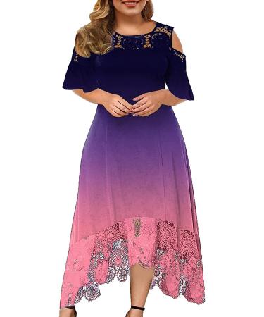 Plus Size Summer Dress for Women - Gradient Print, Lace Detail, Short Sleeve, Loose Fit - 3X-Large Purple - Buy Online on GoSupps.com