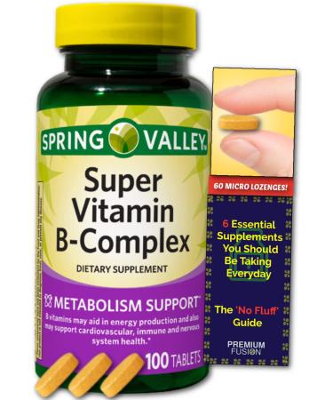 PREMIUM-FUSION Super Vitamin B-Complex 100 Tablets. (Vitamins B6 B12 C Thiamine Biotin.) + Vitamin Pouch and Guide to Supplements