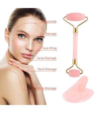 Jade Roller & Gua Sha Face Roller Rose Quartz Massager Facial Beauty Roller Skin Care Tools for Face Eyes Neck Reduce Wrinkle and Dark Circle (Pink B) - Buy Online on GoSupps.com