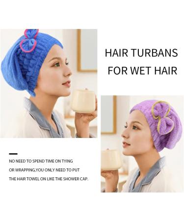Haomye Microfiber Hair Drying Towel Set with Bow-Knot Shower Cap - Quick Dry Hair Turban for Women and Girls - 2Pcs (Blue & Purple) - Buy Online on GoSupps.com