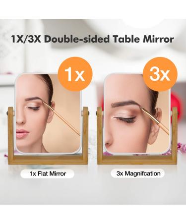 Square White Vanity Makeup Mirror - 1x/3x Magnification, Double Sided 360 Rotation, Portable Tabletop Design with Bamboo Stand - Small Standing Mirror for Desk - Buy Online on GoSupps.com