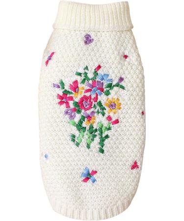 Petyoung Dog Sweater with Flower Embroidery - Soft Winter Clothing for Small & Medium Dogs - Warm Beige Sweater for Puppies - Buy Online on GoSupps.com