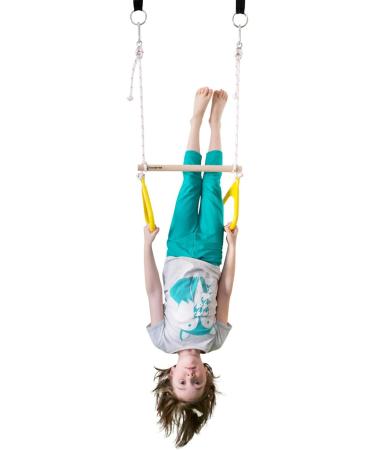 DreamGYM Wooden Trapeze Swing Bar with Blue Gym Rings - Perfect for Obstacle Courses, Doorway Swings, Playgrounds & Swing Sets - Buy Online on GoSupps.com