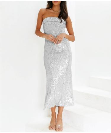 Tube Long Dresses for Women Sequined Solid Color Bodycon Strapless Off Shoulder Bandeau Dress Sexy L Silver - Buy Online on GoSupps.com