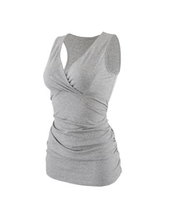 MANCI Women's Nursing Maternity Top Cotton V Neck Ruched Waist Maternity Pajama Tops L Grey