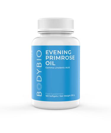 BodyBio Evening Primrose Oil - Gamma Linolenic Acid (GLA) for Healthy Skin and Hormonal Health - Cold Pressed - 180 Softgels