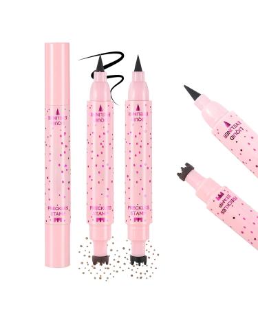 Prreal Freckle 2 in 1 Eyeliner Pen Freckle Stamp and Black Liquid Eyeliner Waterproof Natural Lifelike Freckles Makeup Soft Sopt Pen Magic False Freckles 01 Light Brown + 03 Dark Brown