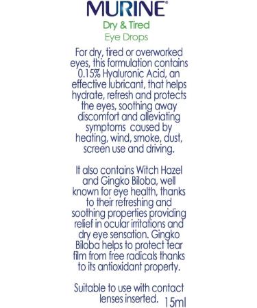 Murine Dry & Tired Eye Relief Eye Drops with a Triple Action Formula That Hydrate Refresh and Relieve Dry or Tired Eyes New Formulation 15ml (Pack of 2) 15 ml (Pack of 2) New Formulation - Buy Online on GoSupps.com