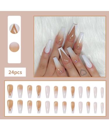French Tips Rhinestone Gradient Press-on Nails by RUNRAYAY - Full Cover Coffin Shape Fake Nails for Women - Acrylic Stick-on Nail Set for Spring/Summer - Buy Online on GoSupps.com