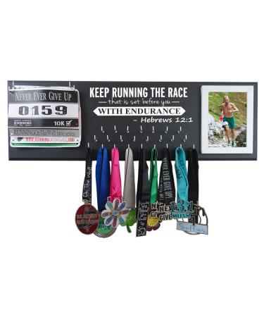 Running On The Wall Medal Hanger Display and Race Bibs Keep Running The Race That is Set Before You with Endurance -Hebrews 12:1" Picture Frame Design Black