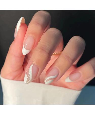 Justotry 24 pieces glitter striped almond nails to stick on short white French press on nails pattern glossy oval artificial nail fake nails almond fingernails artificial nails for women 21 white & french2 - Buy Online on GoSupps.com