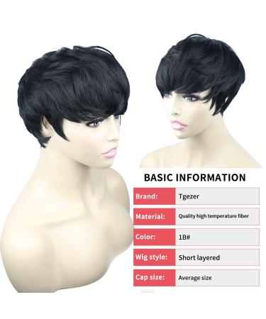 Short Hair Pixie Cut Wig with Bangs - Natural Black Women's Wig | Straight Layered Wavy Synthetic Full Machine Wig (1B# Black) - Buy Online on GoSupps.com