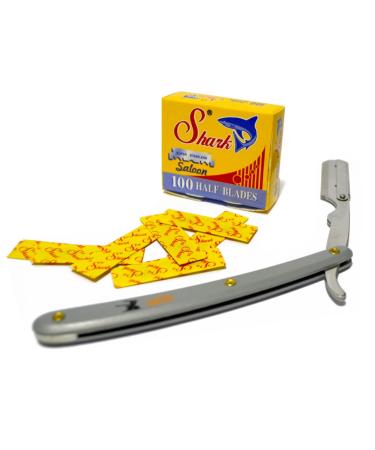 Stainless Steel Professional Gray Straight Edge Barber Razor + 100 Shark Blades - Premium Quality Shaving Tool for Barbers & Home Use - Buy Online on GoSupps.com