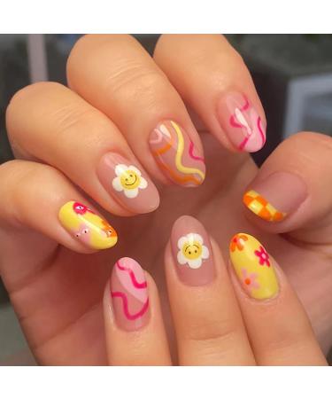24 Pcs Flower Press on Nails Short  Almond French Tips Fake Nails Short Glue on Nails  Sun Flower False Nails with Glue Stickers  Cute Acrylic Nails Short for Women and Girls 8