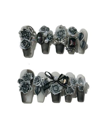 Handmade Nail Wearing and Nail Sculpture with Black Rose Ink Nail Fake Nails(Size:M)