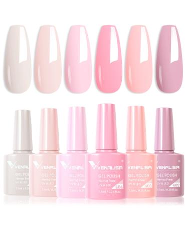 VENALISA Hema-Free Pink Gel Nail Polish Set- 6 Colors Popular Nude Pink Gel Polish Kit, Soak Off LED Nail Lamp Light Pink Gel Manicure Kit DIY at Home Salon Gifts for Women Girls 6pcs-Popular Pink