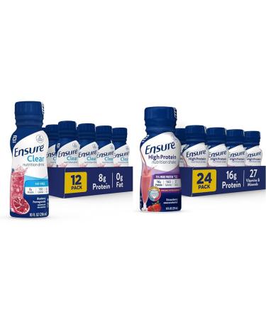 Ensure Liquid Clear Nutrition Drink 0g fat 8g of protein Blueberry Pomegranate 10 Fl Oz (Pack of 12) Bottle gluten free & Ensure High Protein Strawberry Nutrition Shake 24 Pack