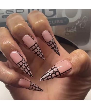 JUSTOTRY 24 Pcs Tartan Stiletto Fake Nails Long Black French Press on Nails Patterns Beautiful Pink Almond Stick on Nails for Women Acrylic Extra Long False Nails Long with Glue for Nail Art Black & Stiletto1 - Buy Online on GoSupps.com
