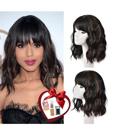 Short Brown Wavy Bob Wig with Bangs, Realistic Colorful Fun Shoulder Medium Length Wigs for Women, Premium Curly Synthetic Dark Brown Wig with Bangs Cosplay 12 Inch Mixed Dark Brown