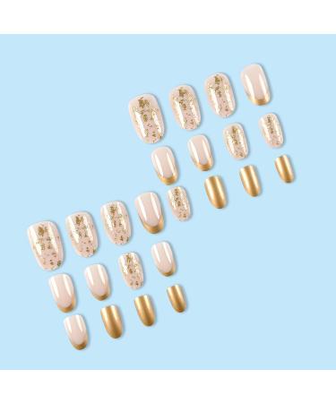 Gold Press on Nails - 24 Pcs Almond French Tip Fake Nails with Gold Foil Designs | Glossy Acrylic Full Cover Nails for Women - Buy Online on GoSupps.com
