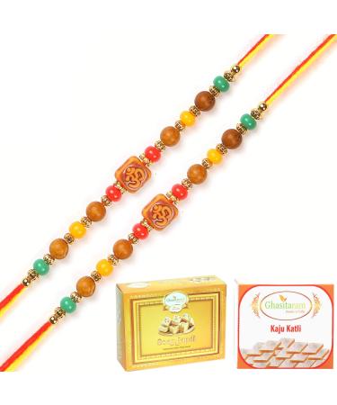 Ghasitaram Gifts Rakhis Online for Brother- Set of 2-6083 Rakhi Thread with 200 GMS of Kaju katli and 200 GMS of Soan Papdi 2 Rakhis with 200 gms of Kaju katli and Soan Papdi
